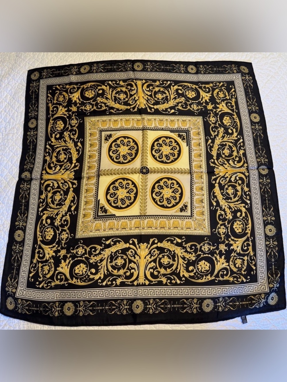 Greek Goddess Black & Gold Baroque Style Scarf-26x26 Inches-NIP